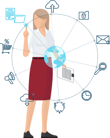 Business woman Working with Global Network Illustration