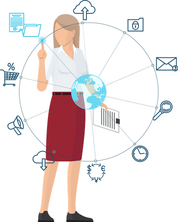 Business woman Working with Global Network  Illustration