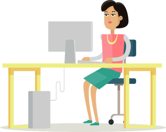 Business Woman Works on His Desktop  Illustration