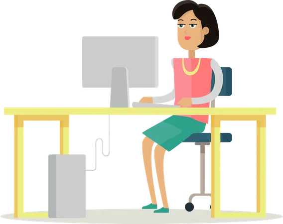 Business Woman Works on His Desktop  Illustration