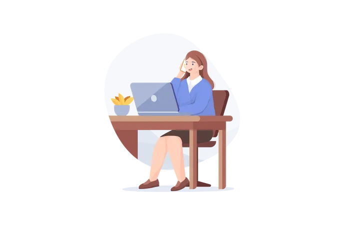 Girl Telephone Consultant In Workplace Illustration