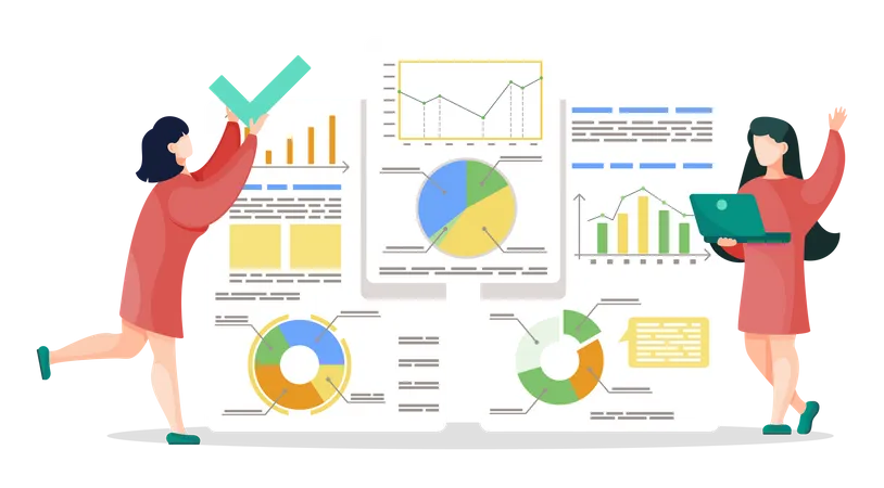 Women Doing Statistics Diagrams For Business Report People Preparing Project For Presentation Analytics Graphics And Financial Charts On Board Vector Illustration Of Teamwork In Flat Style Illustration