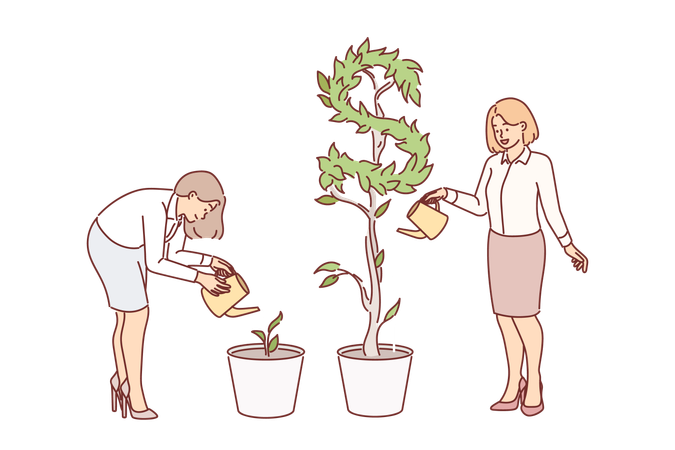 Business women watering plants getting different results in form of cash dividends from investments  일러스트레이션