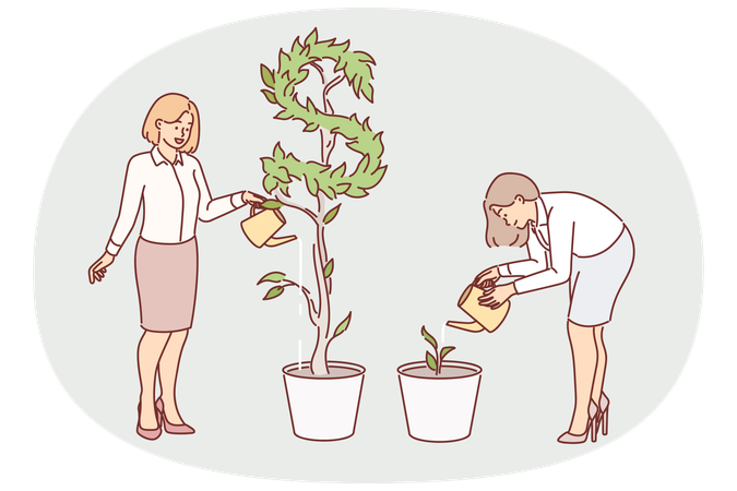 Business women watering plants getting different results in form of cash dividends from investments  Illustration