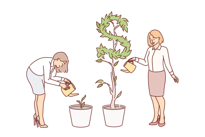 Business women watering plants getting different results in form of cash dividends from investments  Illustration