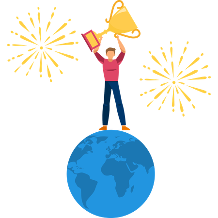 Business worldwide winner with trophy  Illustration