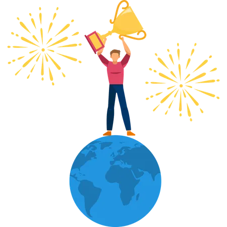 Business worldwide winner with trophy  Illustration