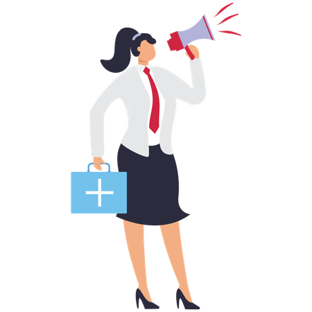 Businesslady holding first aid box while doing medical announcement  Illustration