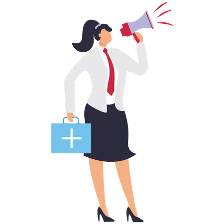Businesslady holding first aid box while doing medical announcement  Illustration