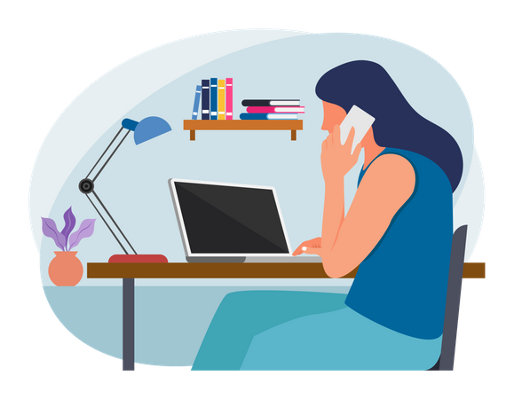 Businesslady talking on mobile and working on laptop  Illustration