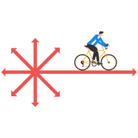 Businessma avec vélo voyageant dans le sens prioritaire  Illustration