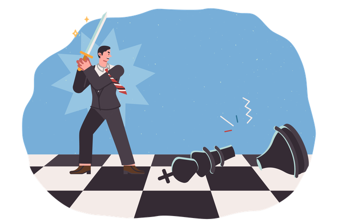 Businessman accomplishes feat by defeating strategic competitor and breaking chess piece with sword  Illustration