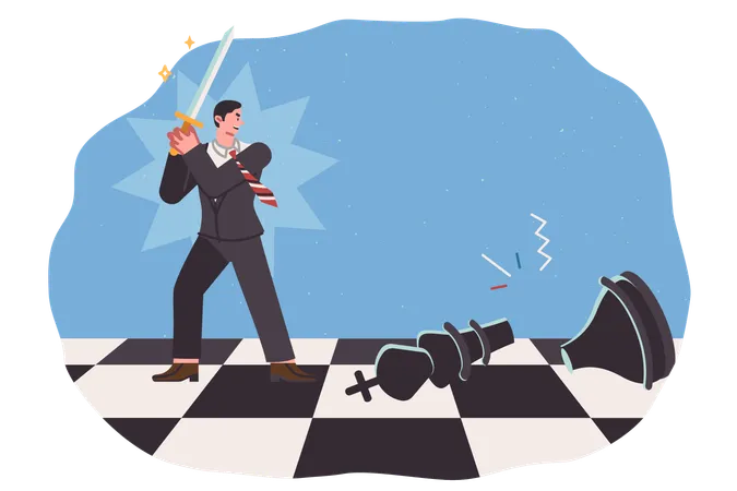 Businessman accomplishes feat by defeating strategic competitor and breaking chess piece with sword  Illustration