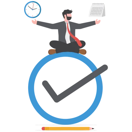 Self Discipline Or Self Control To Complete Work Or Achieve Business Target Time Management To Increase Productivity Concept Businessman Meditate Balancing Clock And Calendar On Completed Task Paper Illustration