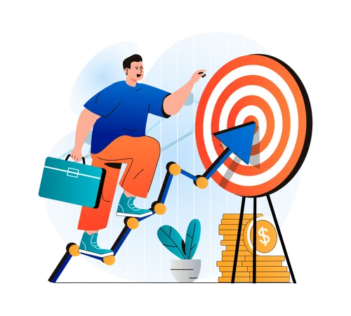Business Target Concept In Modern Flat Design Businessman With Briefcase Goes Up On Arrow To Dartboard Achievement Of Career Goals Leadership Business Strategy And Investment Vector Illustration Illustration
