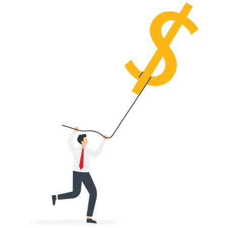 Achieving Financial Goals Or An Investor In Search Of Profit And Return On Investment A Successful Businessman Pulling A Dollar Balloon Opportunity To Receive A Large Salary Income Or Profit Vector Illustration