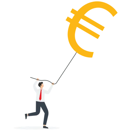 Achieving Financial Goals Or An Investor In Search Of Profit And Return On Investment A Successful Businessman Pulling A Euro Balloon Opportunity To Receive A Large Salary Income Or Profit Vector Illustration