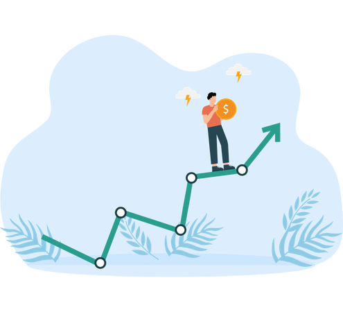 Businessman acrobat planning to walk on risky investment graph.  Illustration