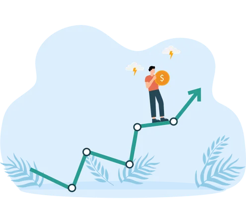 Businessman acrobat planning to walk on risky investment graph.  Illustration