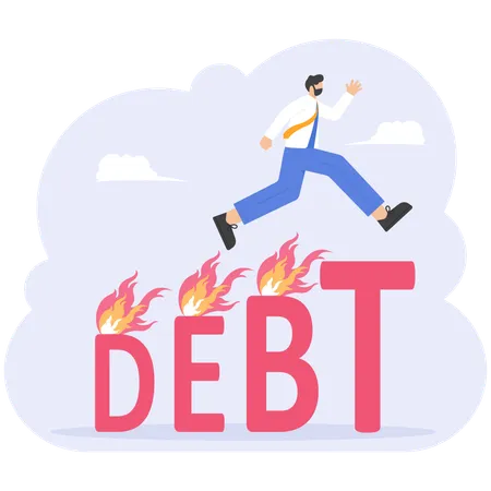 Businessman acting farewell jumping over word debt  Illustration