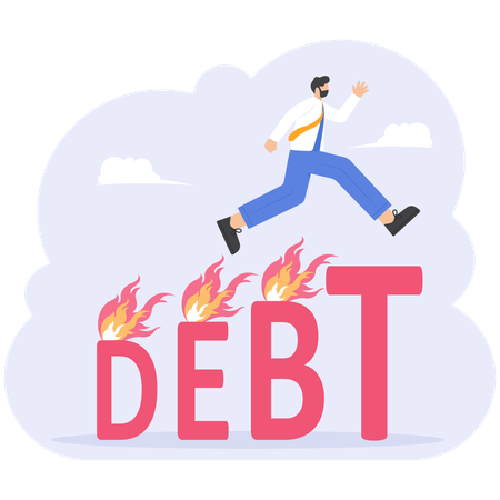 Businessman acting farewell jumping over word debt  Illustration