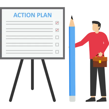 Businessman Action plan checklist step by step to advance and complete project Illustration