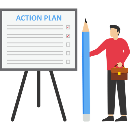 Businessman Action plan checklist step by step to advance and complete project  Illustration