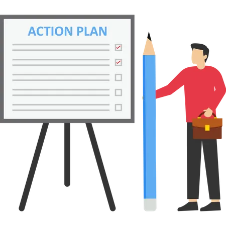 Businessman Action plan checklist step by step to advance and complete project  Illustration