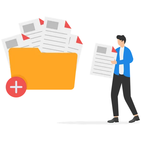Businessman Adds File To Big Folder Storage And Indexing Of Information Businessman Holds Paper Document User And Data Archive イラスト