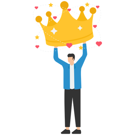 Businessman admire himself and proud of his crown with love and stars around  Illustration