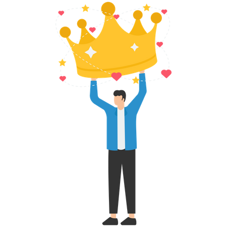 Businessman admire himself and proud of his crown with love and stars around  Illustration