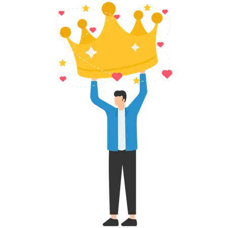 Businessman admire himself and proud of his crown with love and stars around  Illustration