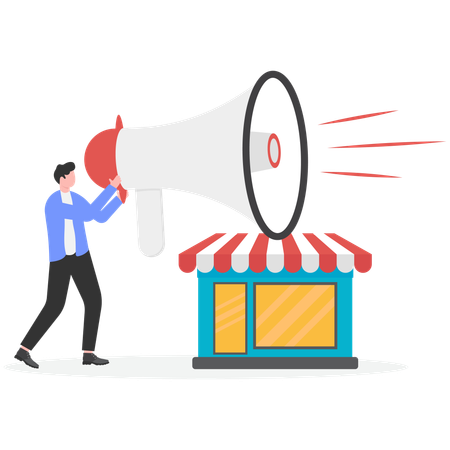 Businessman advertises for new shop  Illustration
