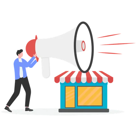 Businessman advertises for new shop  Illustration