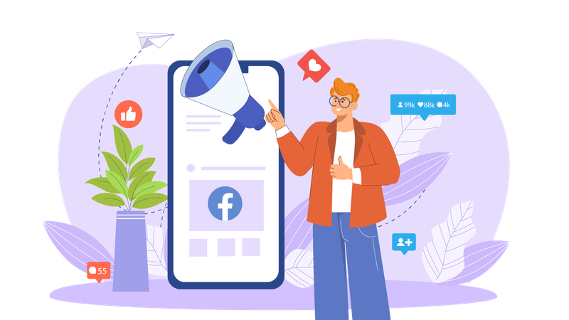 Businessman advertises his new products on Facebook  Illustration