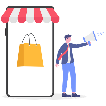 Businessman advertises online sale  Illustration