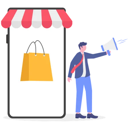 Businessman advertises online sale  Illustration