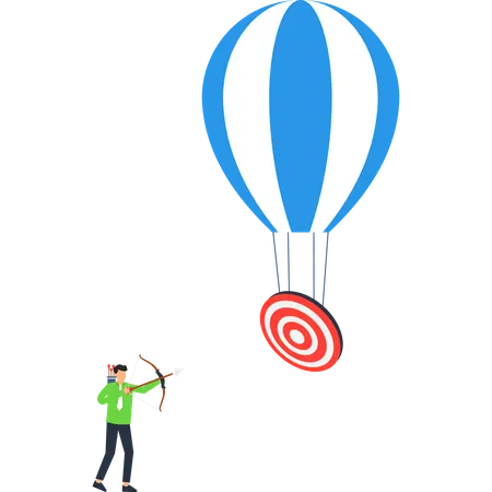 Businessman aiming arrow at target hanging from Hot Air Balloon  Illustration