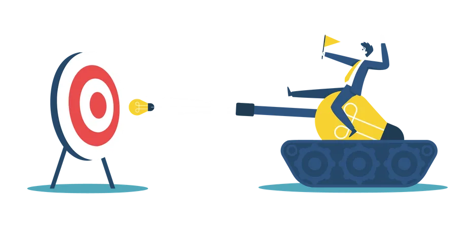 A Businessman Riding A Tank Fires A Light Bulb At The Target Meaning The Company Has Come Up With A New Idea To Run Its Business Successfully Illustration