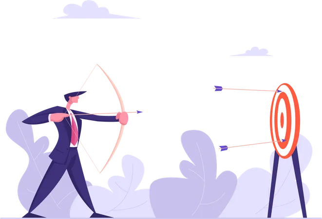 Businessman With Bow And Arrow Aiming Target Man Shooting At Target Goal Achievement Business Solution Strategy Concept Vector Flat Illustration Illustration