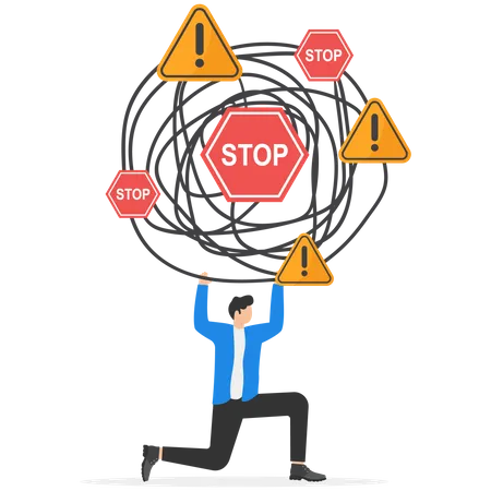 Businessman Carrying Cloud Of Stop Sign And Exclamation Sign Above His Head Support Relief Anxiety Or Depression Vector Illustration Illustration