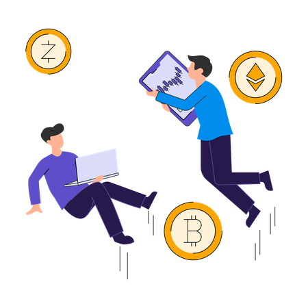 Businessman along with his team works on crypto currency  Illustration