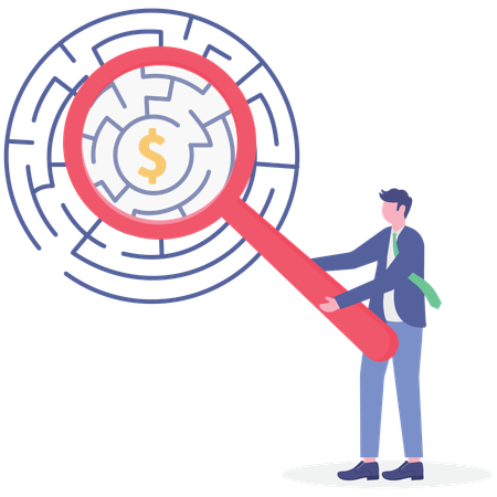Businessman analysing financial maze  Illustration