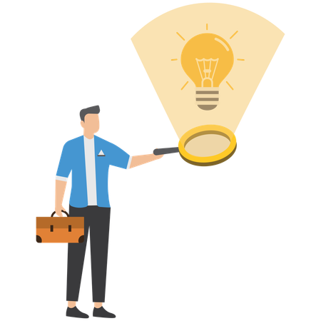 Businessman analyze glowing lightbulb idea with magnifier checking and validate business viability  Illustration