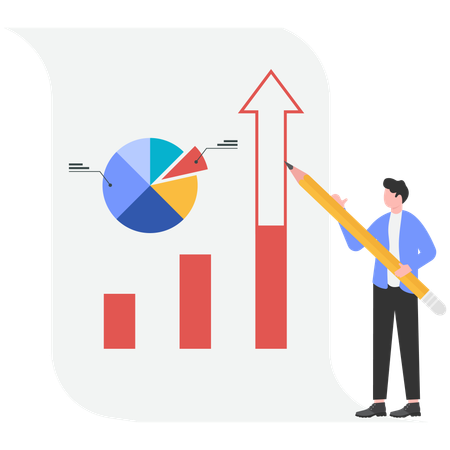Businessman analyzes bar chart data  Illustration