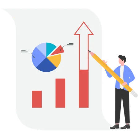Businessman analyzes bar chart data  Illustration