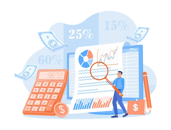 Businessman analyzes company financial reports and Calculating taxes and company finances  Illustration