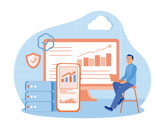 Businessman Analyzes Data Using Electronic Devices  Illustration