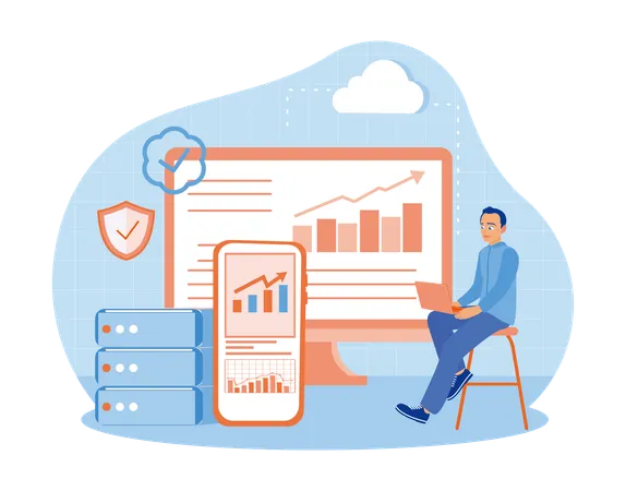 Businessman Analyzes Data Using Electronic Devices  Illustration