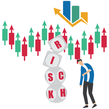 Businessman analyzes data using risk and rich terms financial graph  Illustration